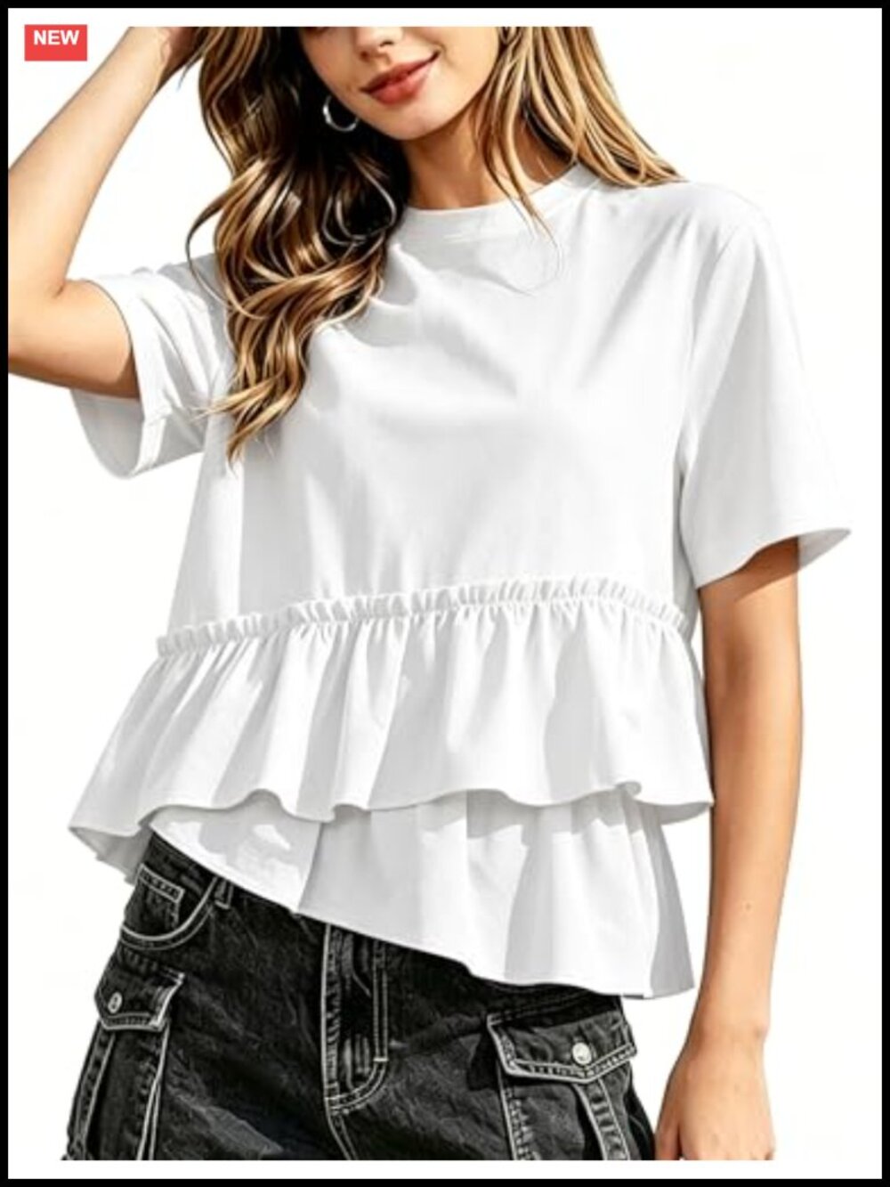 Women's Peplum Babydoll Tops Short Sleeve Ruffle Hem Cotton T-Shirt